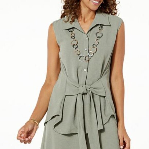 Wynne Tops - Wynne Layers Tan Almond Crepe Tie Front Sleeveless Blouse Top Medium